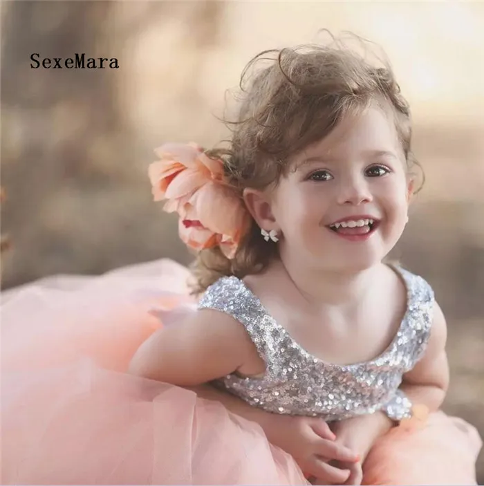 

Silver Sequins Cute Little Flower Girl Dress Floor Length with Bow Kids Prom Dress Baby Girls Birthday Dresses Custom Any Size