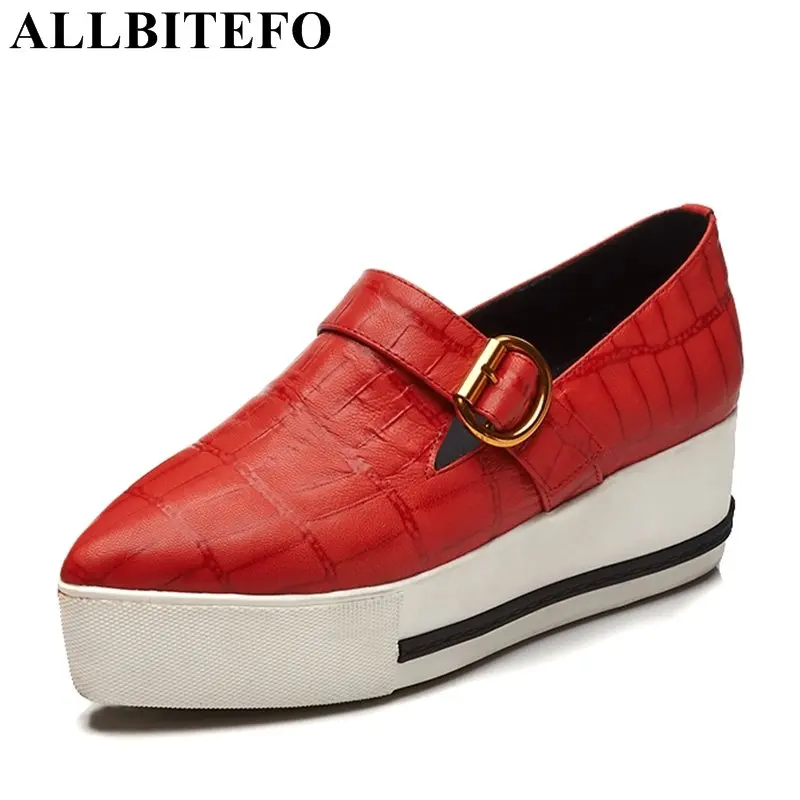 

ALLBITEFO fashion genuine leather Stone texture pointed toe medium heel platform women pumps spring girls high heel shoes