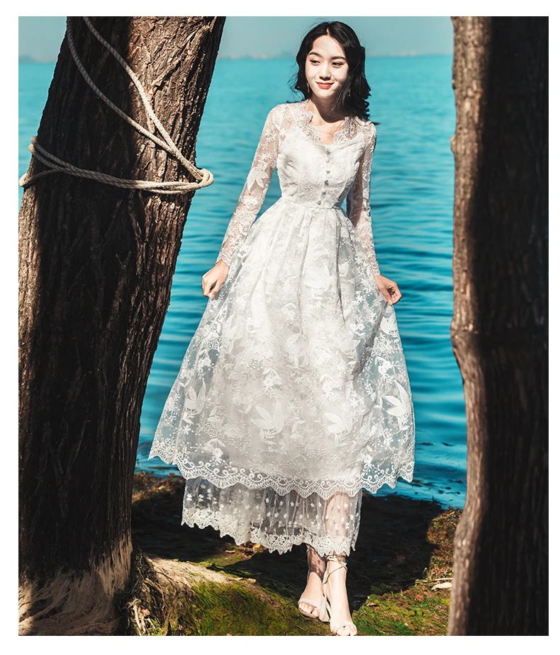 Милое длинное платье принцессы Мори для девочек в стиле ретро; белое платье феи с v-образным вырезом; газовая кружевная вышивка; женское повседневное облегающее платье; Robe Vestidos