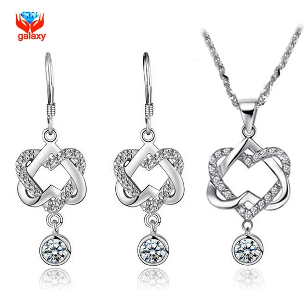 

YHAMNI 100% 925 Sterling Silver Jewelry Sets Romantic Double Heart CZ Pendant Necklace Earrings Women Fashion Jewelry Sets YS061