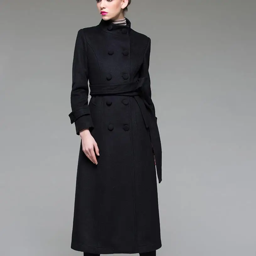 New fashion stand collar wool blends coats slim double breasted trench coat women elegant long woolen coat with belt