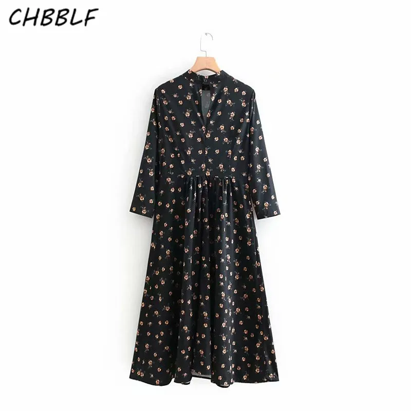 CHBBLF женское шикарное платье с цветочным принтом, рукав три четверти, воротник-стойка, плиссированные женские платья, vestido XDN8676