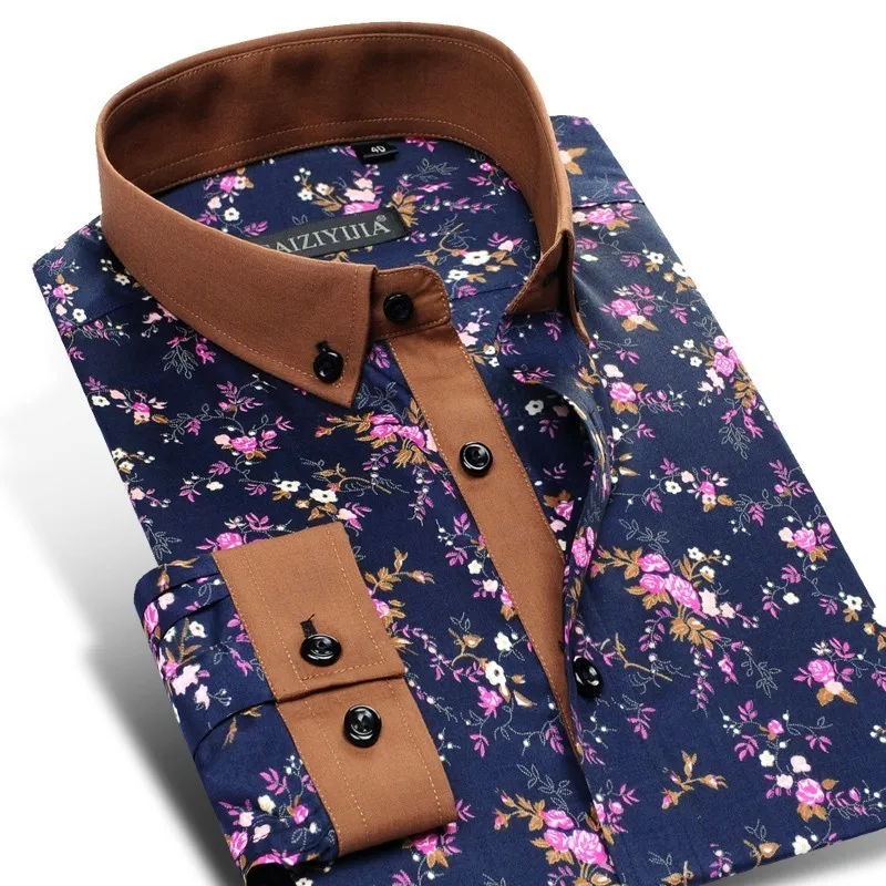Мужские повседневные рубашки с длинным рукавом и цветочным принтом из хлопка, рубашка с контрастным воротником и цветочным принтом, повседневные рубашки на пуговицах - Цвет: CZ730