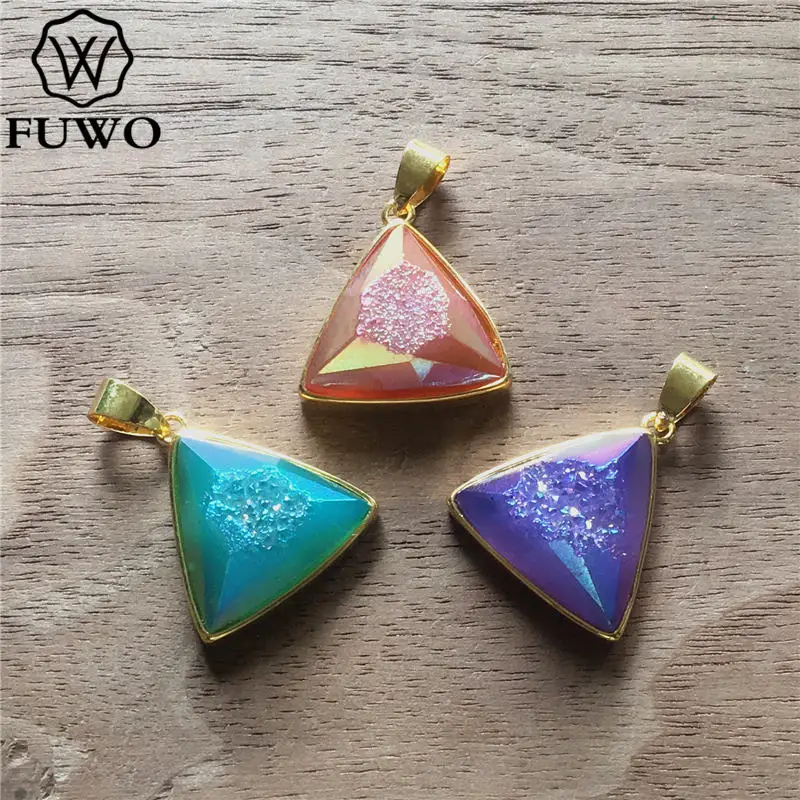 FUWO Wholesale 5Pcs Natural Druzy Titanium Connector Pendant,Golden Plated Bezel Faceted Rainbow Quartz For Jewelry Making PD242 3