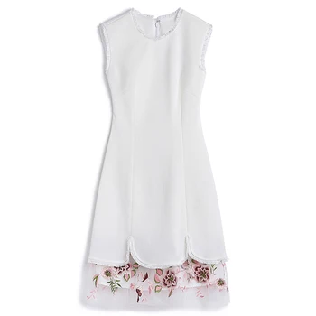 

Patchwork Mesh Embroidery Women Dress Elegant O-Neck Sleeveless A-Line Dresses D4169