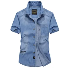 Летняя новинка, джинсовая мужская рубашка в стиле милитари, повседневная, свободная, Camisa Masculina, джинсовая рубашка, большой размер, S-4XL, короткий рукав, хлопок, мужские рубашки