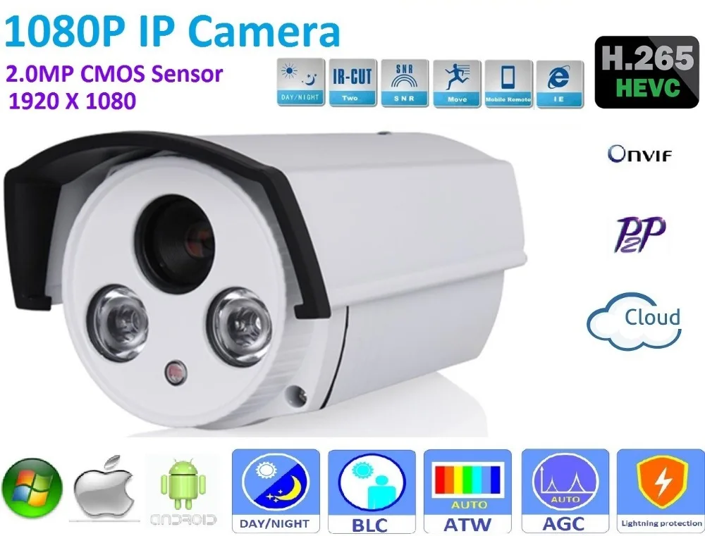

New type1920*1080P H.265 2.0 Megapixel ONVIF HD 1080P IP Camera P2P Warterproof in/outdoor IR-CUT Night Vision Network Camera