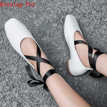 

Krazing Pot full grain leather square toe glove grandma shoes streetwear ankle lace up ballet driving shoes women cozy flats L01