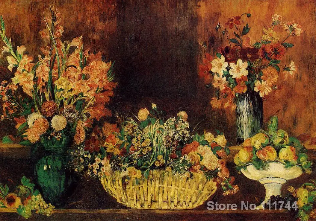 

Paintings by Pierre Auguste Renoir Vase Basket of Flowers and Fruit reproduction art High quality Hand painted