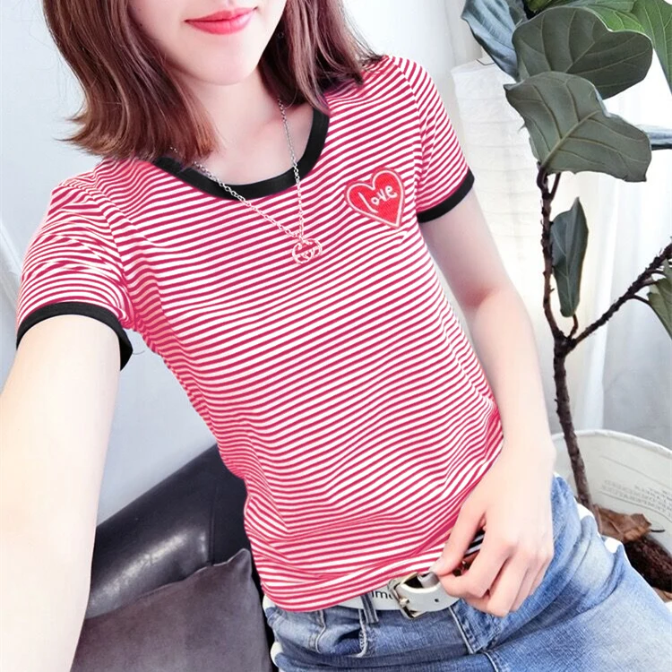 

Mr.nut Korean version of the new spring striped embroidery cotton short-sleeved women's wild large size T-shirt summer