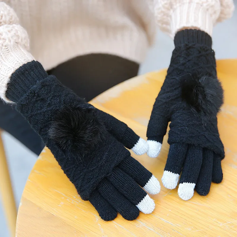 Перчатки женские зимние теплые двухслойные раздельные перчатки без пальцев женские варежки с помпонами из кроличьего меха женские перчатки - Цвет: Hair ball-Back