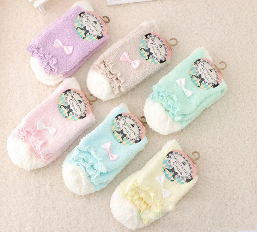 1 Pair Women Warm Socks Candy Color Solid Soft Women Girls Fluffy Socks with Bows Coral Velvet For Princess Holiday Birthday Gifts0