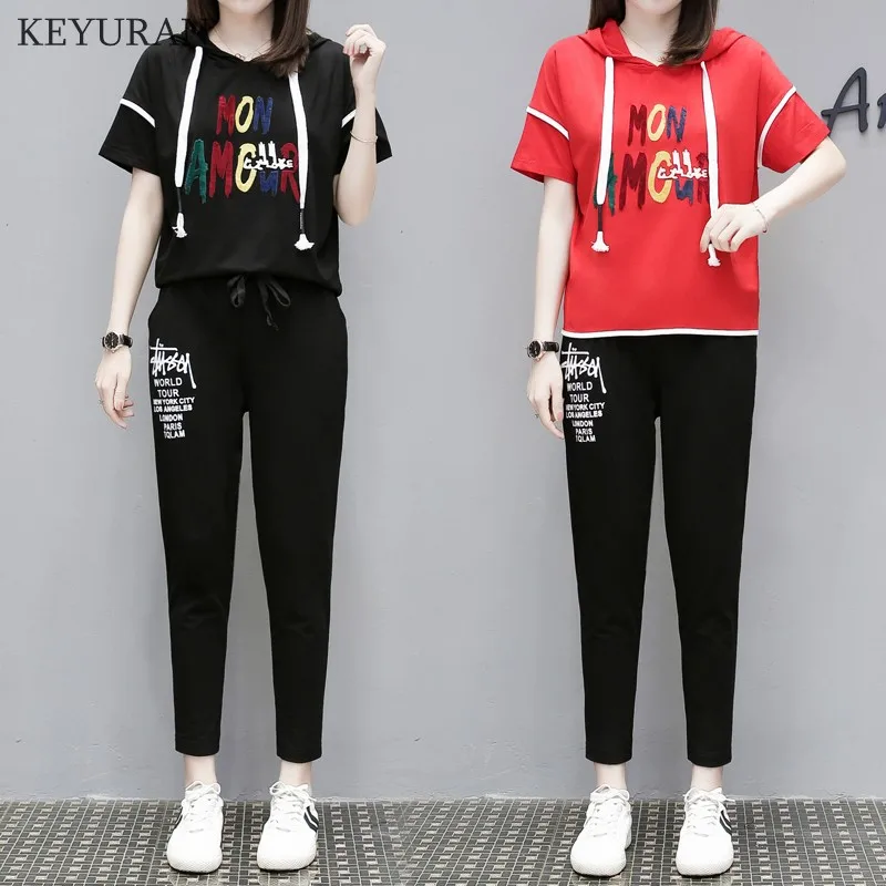 

2019 Summer Women Casual 2 Pieces Sets Letter Print Sweatshirt Ankle Length Harm Pants Oversize Tracksuits Hoodies Outfiits 3445