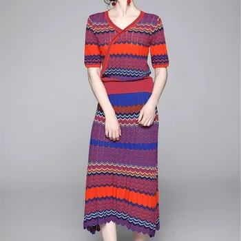 

2019 Autumn Knitted 2 Pieces Set Women Sexy V-Neck Vintage Wave Striped Pullover Sweater + Midi elegant Skirt Sweater Suits Set