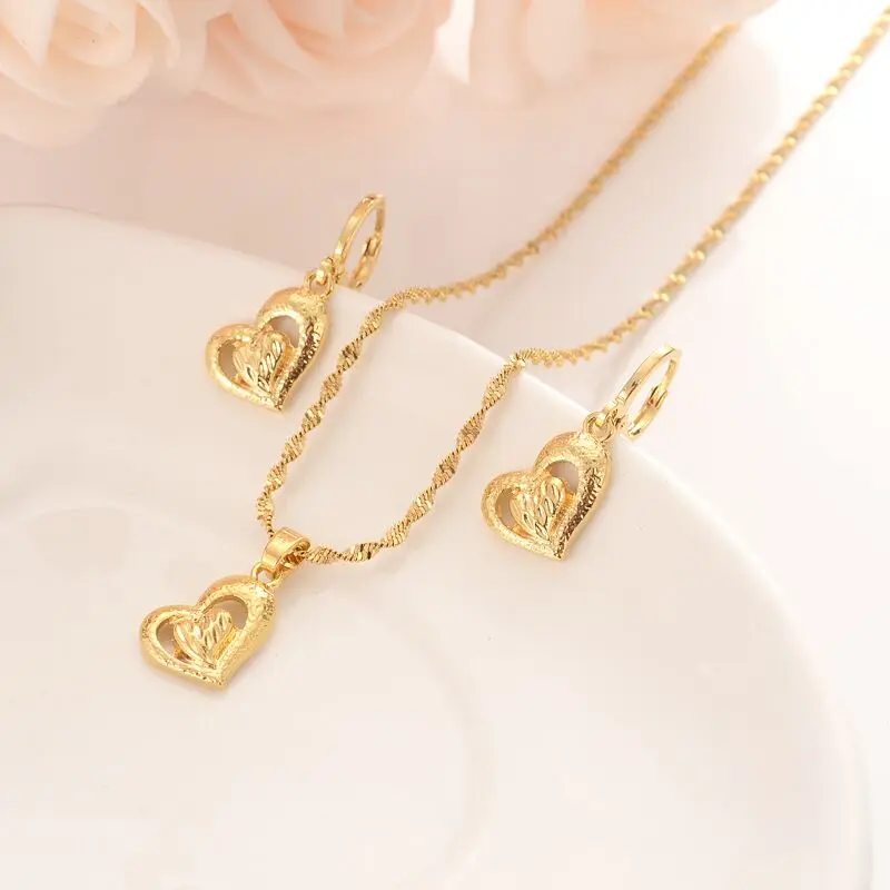 14 k Yellow Fine Gold GF Engravable Stacked Two Love Hearts Solid