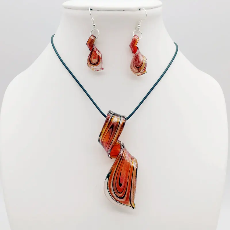 Free Shipping Wholesale 10 Sets Red Twisted Lampwork Murano Glass Pendant Necklace Earrings Set