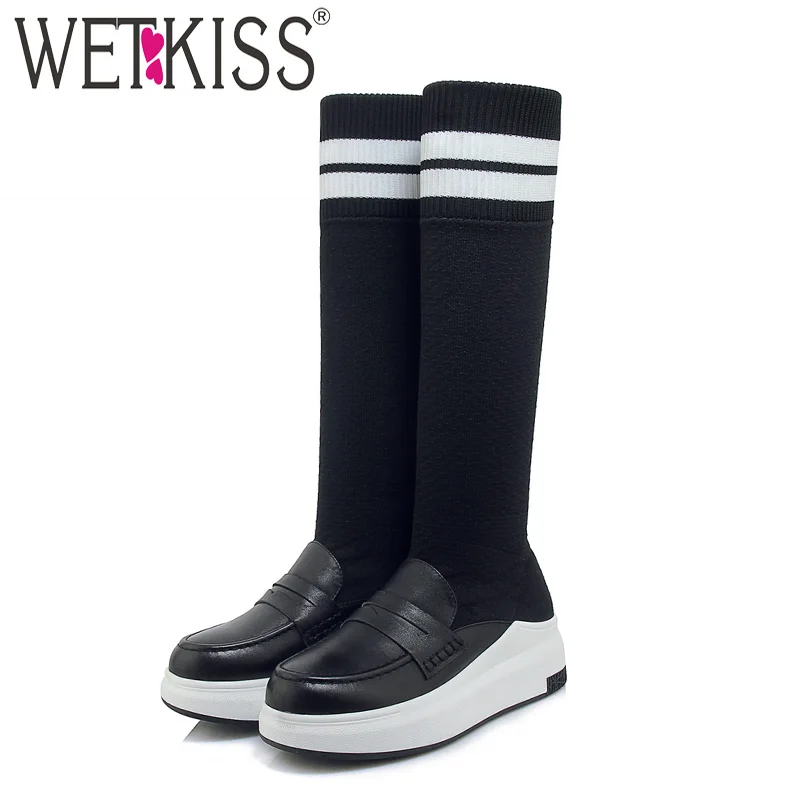 

WETKISS Cow Leather Women Boots Round Toe Footwear Stretch Knee High Female Boot Knitting Platfofm Shoes Woman 2018 Winter New