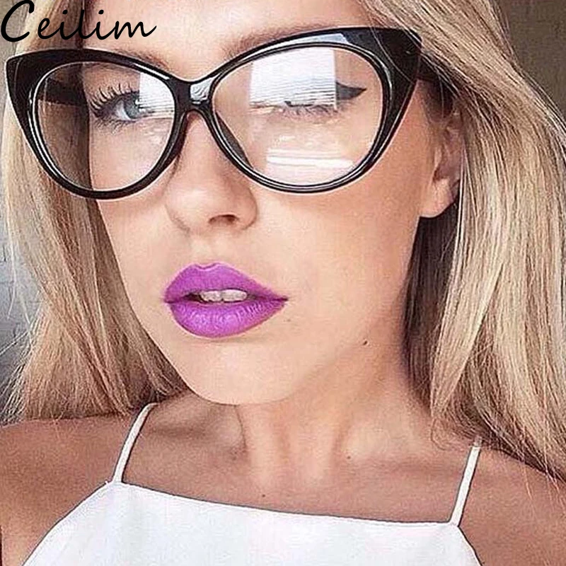 Black Cat Eye Glasses Frames Women Clear Eyeglasses Myopia Optical Fake 