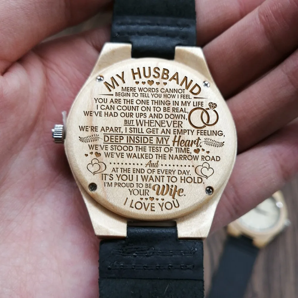 To My Husband-Mere Words Cannot Begin To Tell You How I Feel Engraved Wooden Watch Personalized Wooden Watch Gift for Men we begin at the end