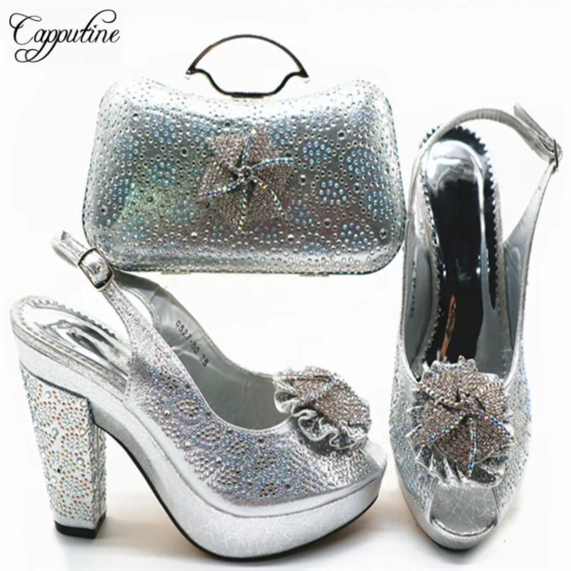 

Summer Style Rhinestone Silver Shoes And Matching Bag Set For Party African Women Spike Heels Shoes And Bag Set On Stock G79