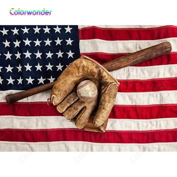 

Photography Background Red with White Stripes American Flag Wooden Bat with Baseball and Gloves Backdrops for Photo Booth Studio