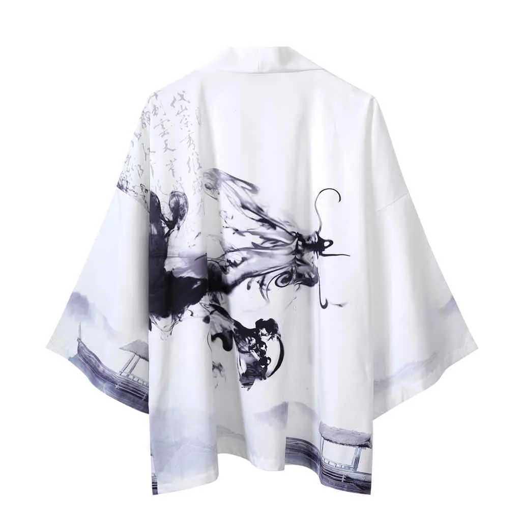 Летняя мужская рубашка-Кимоно размера плюс, японское кимоно, кардиган, открытая вышивка, рыбка, дракон, принт, Harajuku, мужская одежда