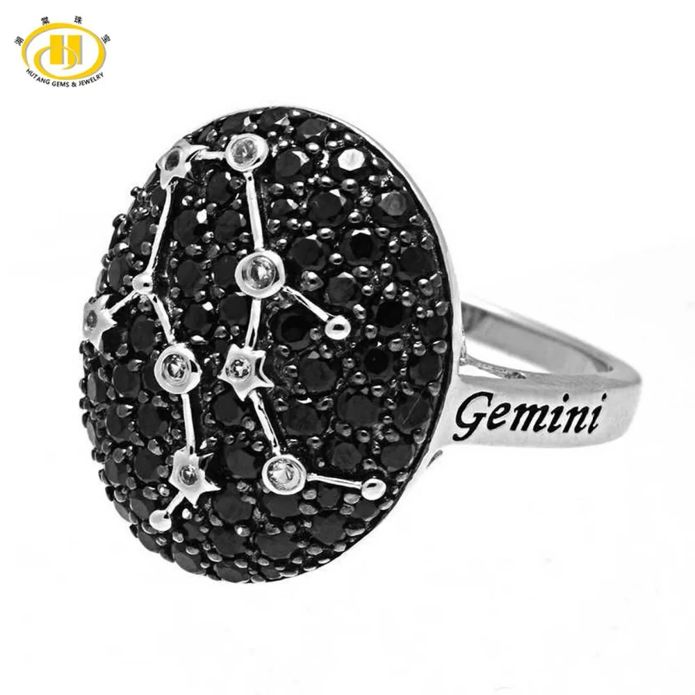 Hutang Gemini Rings Natural Gemstone Black Spinel 925 Silver Ring Fine Jewelry for Women