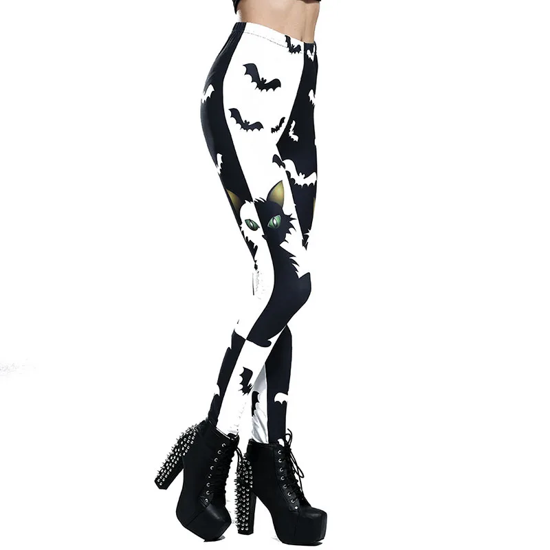 

Plus Size 3D Pattern Leggings Women Halloween Cat And Bats Printed Punk Gothic Black Slim Pants XXXL