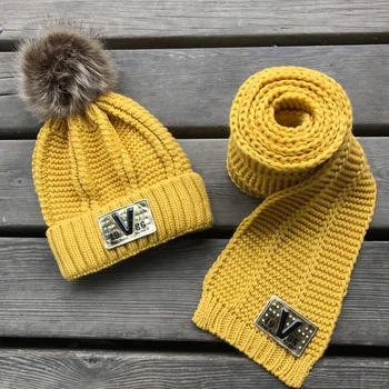 

Winter Baby Kids Boy Girls Solid Caps Scarf Warm Wool Knitted Cute Letter Hat+Beanie Scarf 2pcs/Set Children Neck Warmer Cap
