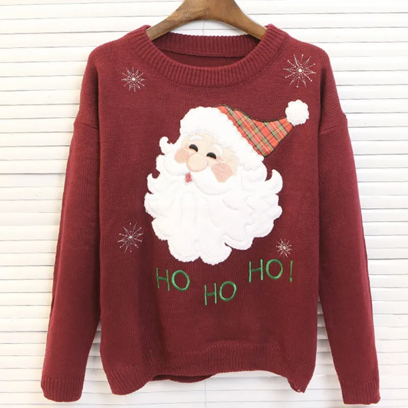 20167hristmas Women Santa Claus Casual Wine Red Sweater Long Sleeve Pullovers One Size Elastic 