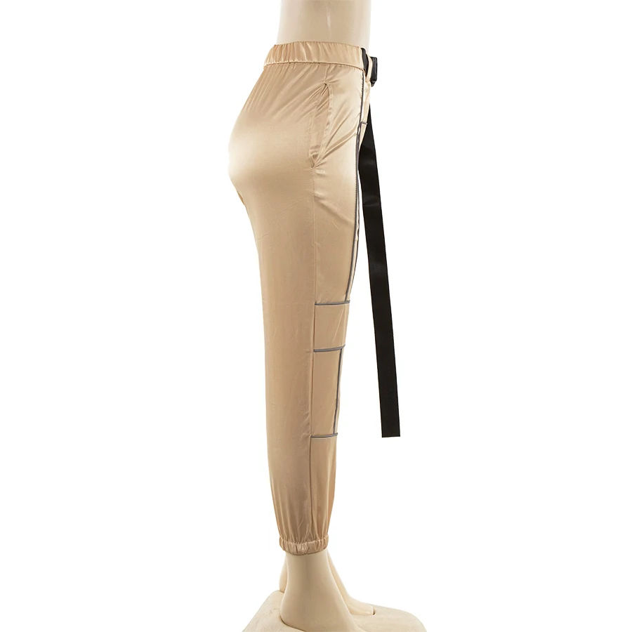Новые женские модные длинные облегающие брюки с поясом спортивные штаны со светоотражающими полосками на резинках