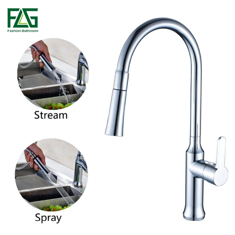 

FLG Contemporary Kitchen Faucet Copper Chrome Rotatable Single Handle Single Hole Pull Out Torneira Spring Kitchen Sink Tap
