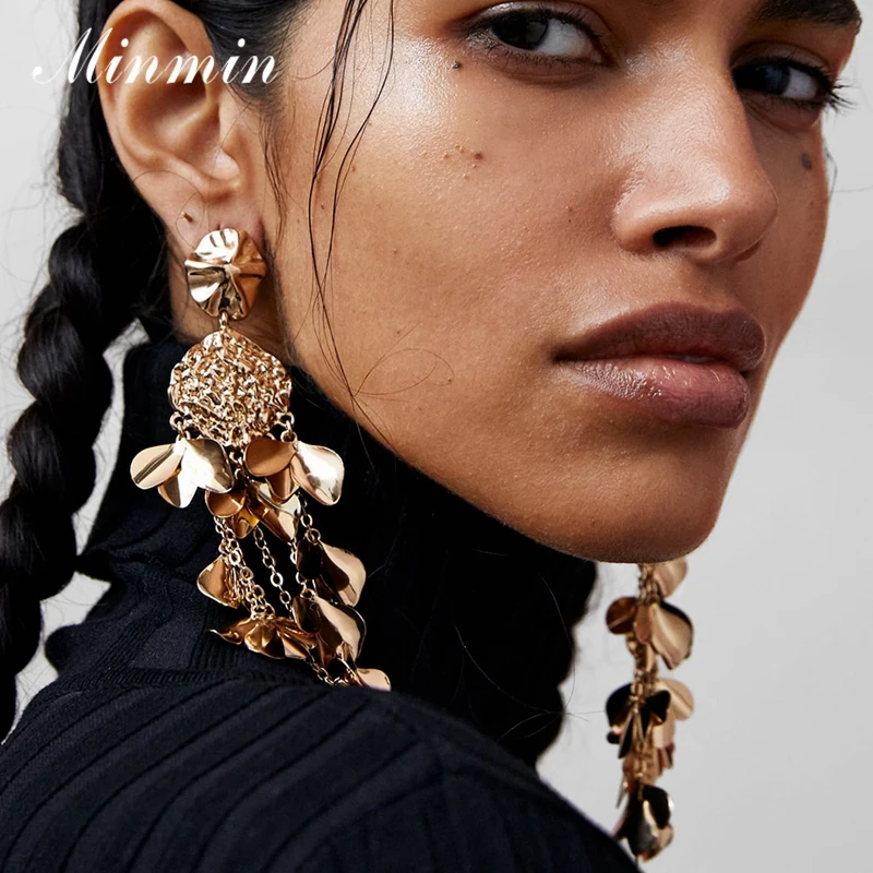 

Minmin Statement Gold Color Long Dangle Earrings for Women 2019 Vintage Metal Flower Pandent Big Earrings Indian Jewelry MEH1395