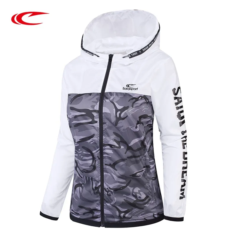 SAIQI Summer Quick Dry Womens Sports Jackets Hooded Long Sleeve Camouflage Letter Print Female