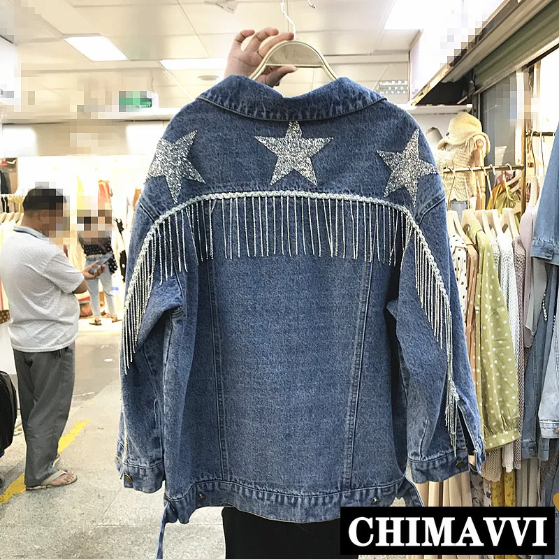

European Autumn New Heavy Stars Water Drill Tassel Jeans Jacket Women's Loose BF Cowboy Jacket Casual Denim Coats