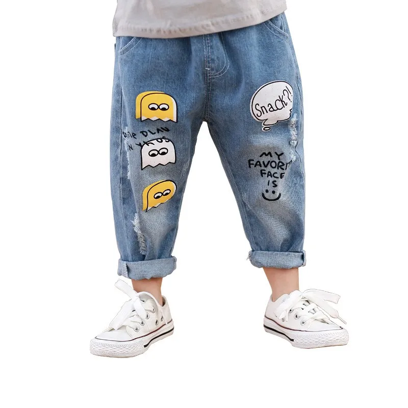 COOTELILI 80-130cm Light Ripped Jeans For Kids Kawaii Cartoon Children Jeans Pants Casual Elastic Waist Trousers For Boys (6)