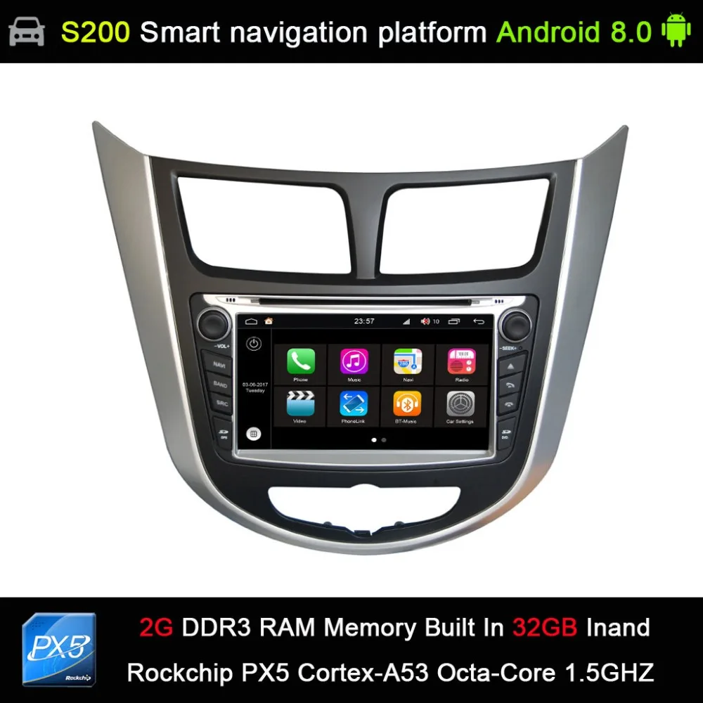 

auto Android 8.0 system PX5 Octa 8-Core CPU 2G Ram 32GB Rom Car DVD Radio GPS Navigation for Hyundai Solaris accent Verna i25