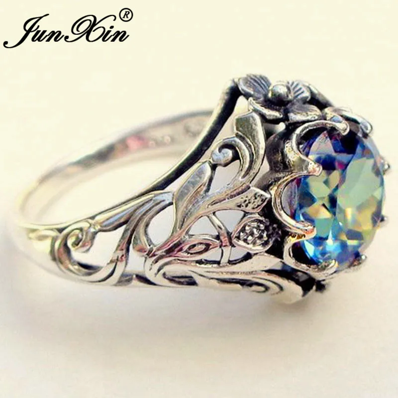 JUNXIN Antique Silver Rainbow Birthstone Rings For Men Women Big Round Zircon Wedding Bands Male Female Flower Charm Ring Gifts
