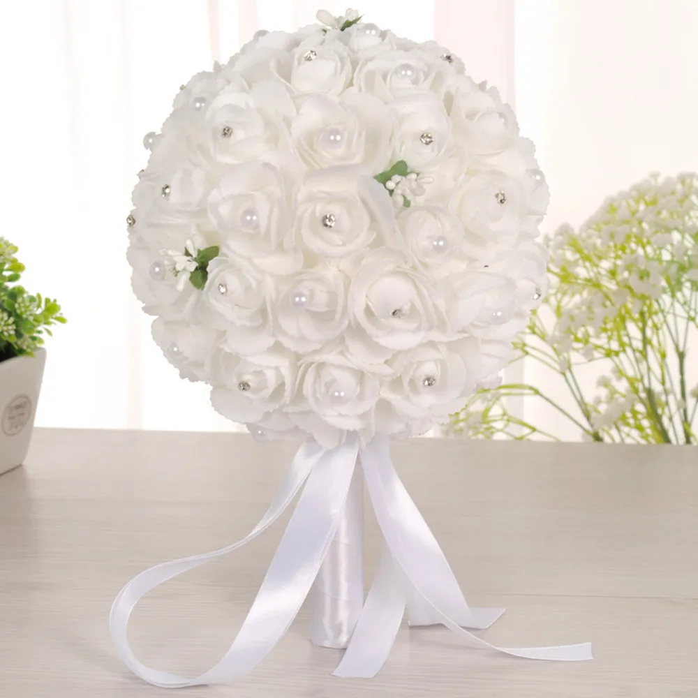 

Romantic Wedding Bouquet Bride Bridesmaid Wedding Decoration Foam Flowers Rose Bridal Bouquet White Satin Holding Flowers