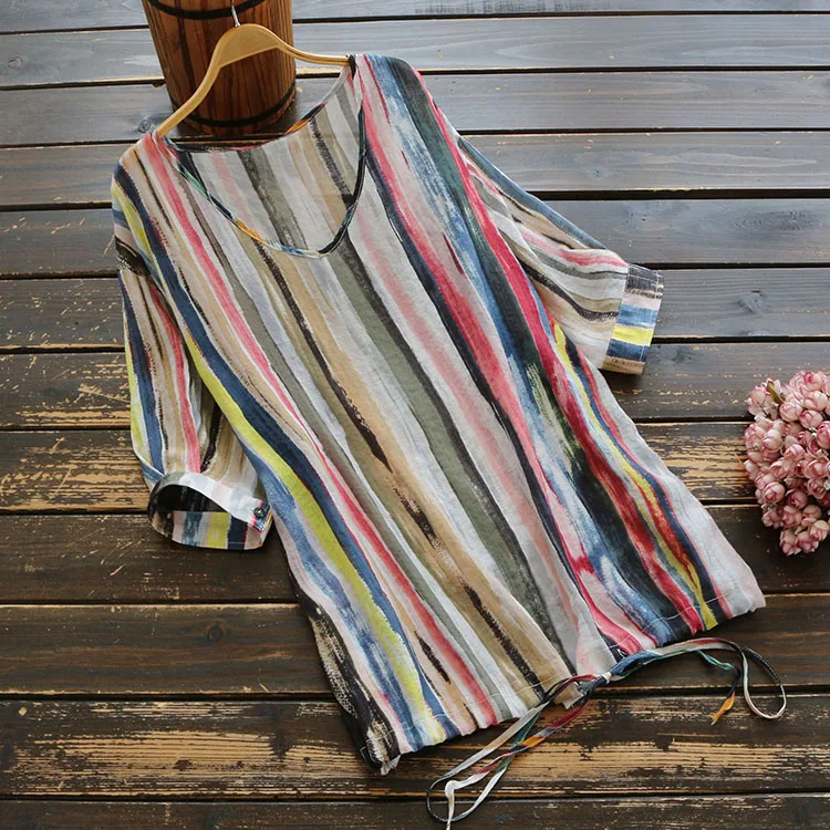 

Colorful rainbow stripe v-neck shirt women summer