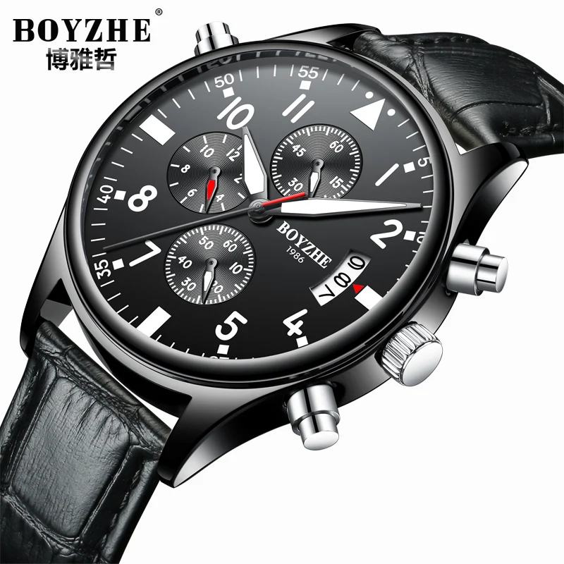 

Mens Watches BOYZHE Top Quartz Watches Leather Strip Week/Date/Moon/Month Feature Waterproof Business Casual Wrist Watches
