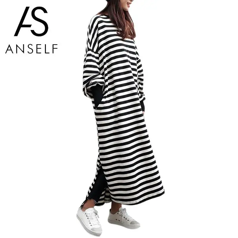 

Anself Women Maxi Long Dress Long Batwing Sleeve Slit Vintage Oversized Casual Striped Dress Autumn Winter Korean Style Dress