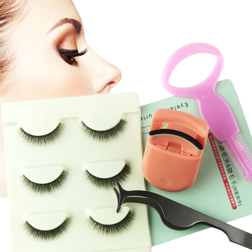 KESMALL 3pcs Eye Makeup Tools Set 3 Pairs Natural False Eyelashes With Eyelash Curler Eye Lashes