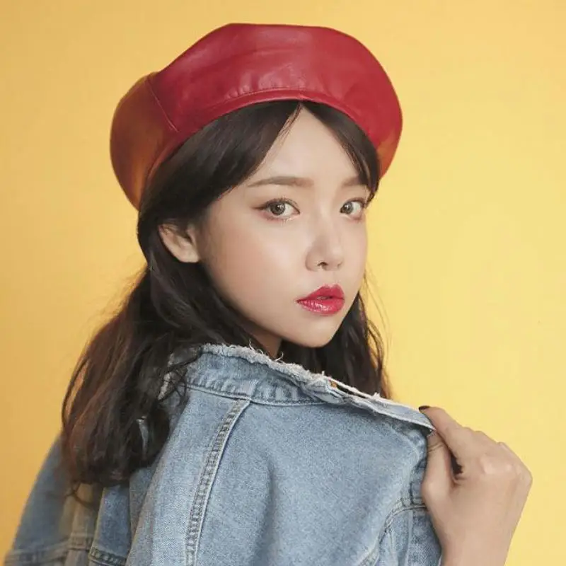 Korean Style Felt Beret Women Black Red Pu Leather Beret Hat For Women