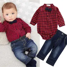 Kids Baby Boy Clothes Set Newborn Gentleman Outfit 2pcs Toddler Long Sleeve Plaid Bodysuit+Jeans Infant Formal Wedding Suits