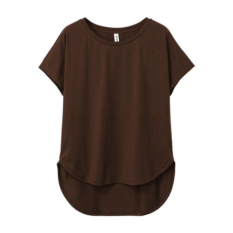 100% cotton Loose Casual Summer Short Sleeve Female T shirt Women Asymmetric O-neck Tee Tops M30326 5
