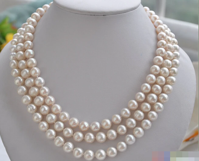 

wholesale_jewelry 3row 17-19" 9~10mm WHITE ROUND FRESHWATER PEARL NECKLACE