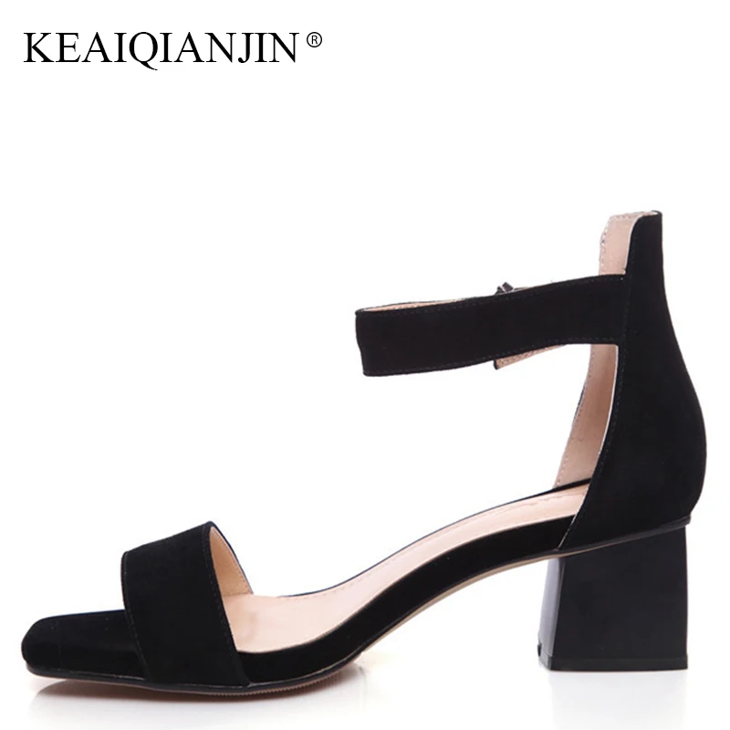 

KEAIQIANJIN Woman Summer Genuine Leather Crystal Sandal Fashion Black High Heele Shoes Plus Size 33 Gladiator Open Toe Sandals