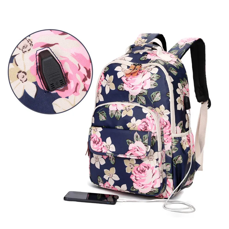 Tourya Мода цветок печати для женщин рюкзак водостойкий USB зарядка школьные рюкзаки для девочек ноутбук путешествия рюкзак Mochila