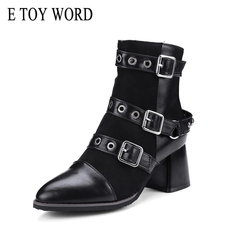 

E TOY WORD Gothic Shoes Women Motorcycle Boots Black Belt Buckle Ankle Boots Pointed Toe Chunky Heel Zipper Autumn Women boots